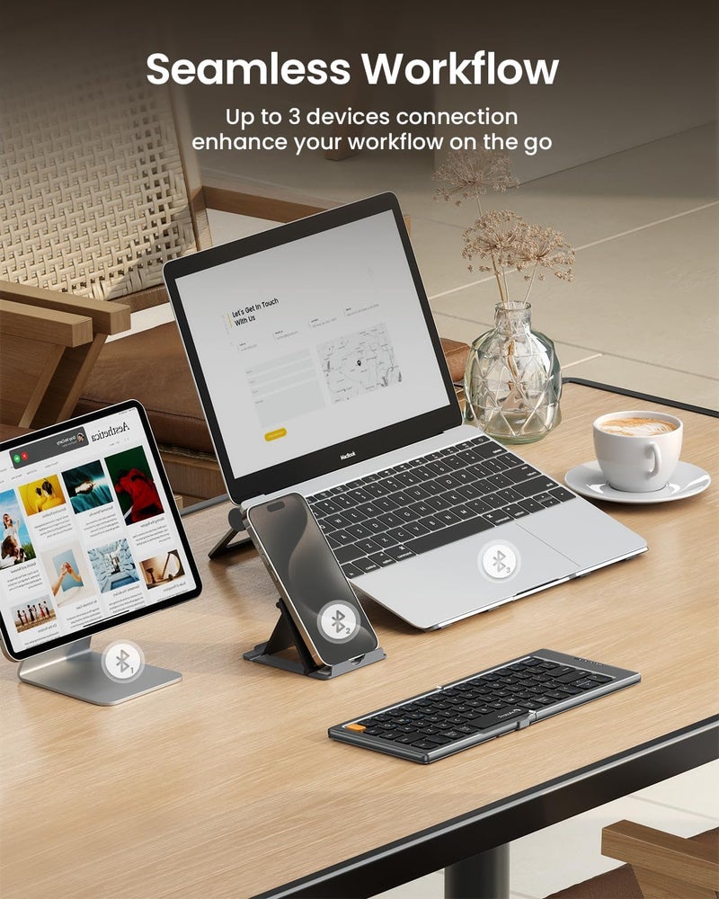 ProtoArc Foldable Compact Keyboard, XK04 Portable Bluetooth Keyboard with PU Leather Cover, Pocket-Sized Wireless Travel Keyboards for iPad, iPhone, Smartphone, Tablet and Laptop- Gray - Image 4